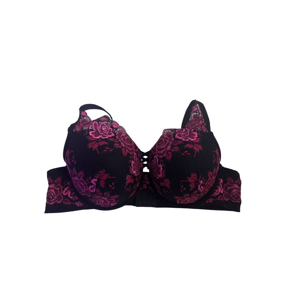 Torrid 46D Bra Black Pink Rose Floral Embroidered Strappy Lattice Underwire Full